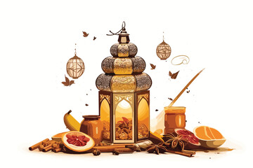 Islamic Eid cute lantern and seasoning ‍and crescent moon and vector Illustration White background.