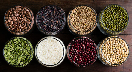 Various types of beans in glass bowls