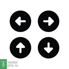 Arrow control button icon set. Simple solid style. Slider, left, right, up, down, circle navigation concept. Black silhouette, glyph symbol. Vector illustration isolated on white background. EPS 10.