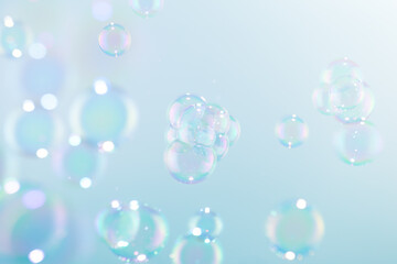 Beautiful Transparent Shiny Soap Bubbles Floating in The Air. Soap Sud Bubbles Water. Abstract...