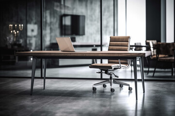 an office with wood desks and glass walls, in the style of high detailed, grey academia, wood, photo-realistic landscapes, vintage minimalism, light silver and light brown generativ ai