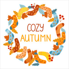 Autumn composition of a cozy autumn season with warm multi colored socks and autumn leaves. Autumn circular composition in the style of flat isolated on a white background.