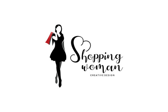 Vector silhouette of beautiful woman carrying shopping bags, shopping woman logo