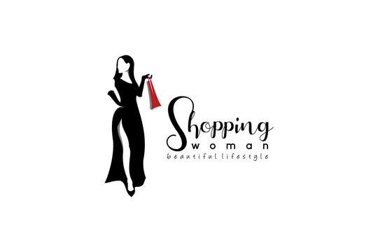 Vector silhouette of beautiful woman carrying shopping bags, logo of woman shopping and fashion