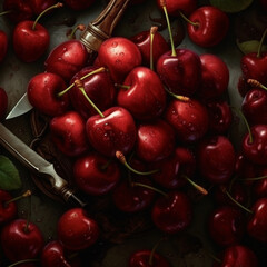 
Cherry fruits are collected on the table. Close up view to reveal water droplets on the surface of the fruit.
