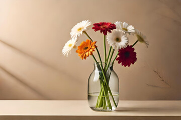 Gerbera Daisy bouquet in a vase on a beige background, with a glass cylinder vase as minimalist decor