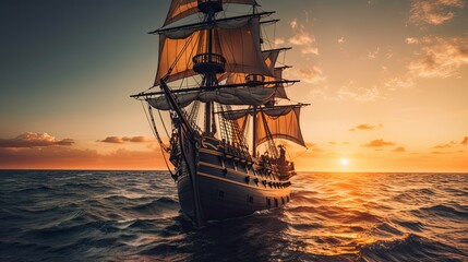 A Pirate Ship's Epic Voyage at Sunset - An Unforgettable Adventure on the Open Seas. Generative AI