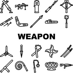 weapon war gun military icons set vector. army knife, pistol sign, battle rifle, silhouette steel, game automatic crime danger weapon war gun military black contour illustrations