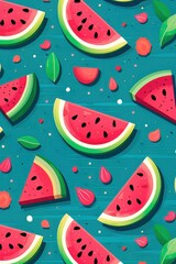 Watermelon background. Pattern sliced red juicy watermelon on a blue background. AI generated