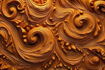 Elegant Art of Wood Carving: Nature-Inspired Texture and Pattern in Rich Brown, Gold and Metal Colours, Generative AI