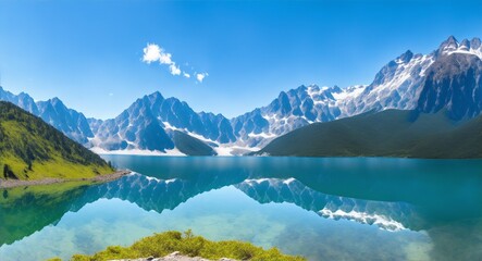 A panoramic view of a mountain range with a clear sky and a lake in the foreground, generative ai - obrazy, fototapety, plakaty