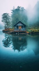 Fototapeta premium A cabin sits on a small island in the middle of a lake. Generative AI.