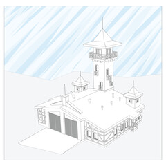 Fototapeta premium Detailed architectural fire station house blueprints and drawings. Vector illustration