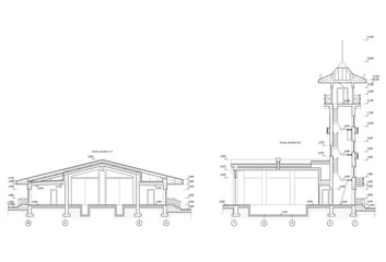 Detailed architectural fire station house blueprints and drawings. Vector illustration