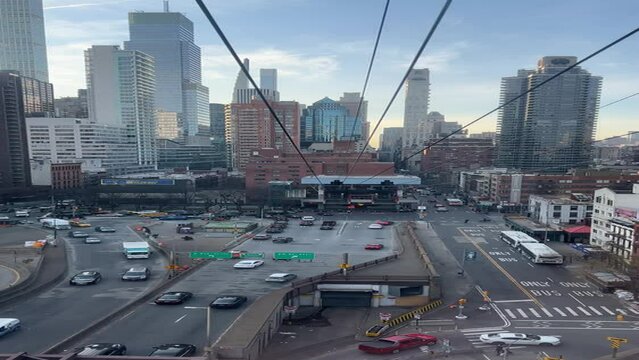 View from the Roosevelt Island tramway as it leaves the station in Manhattan and begins its four minute trip across the East River.