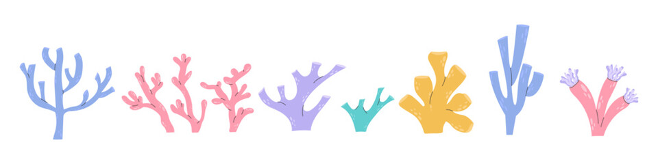 Obraz premium Cut set Cartoon underwater plants and creatures in cartoon style. Corals colonies. Various colorful elements of decorative corals for the aquarium. Vector stock illustration in flat style. 