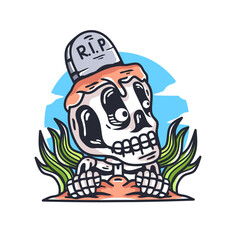 Illustration of a skull rising from the grave