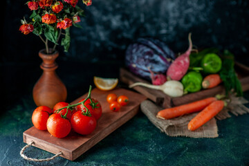 front view fresh red tomatoes on a dark background health color vegetable food salad meal plant