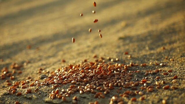 wheat grains falling on sand slow motion. food insecurity concept. drought, dry soil, grain crisis, global food crisis 2023. increase in food prices and shortages of food supplies in the world