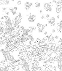 Coloring book page for adult and children. garden with ornate le