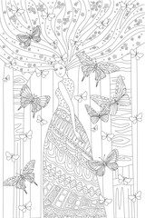 Coloring book page for adult and children. lady with fancy hairs