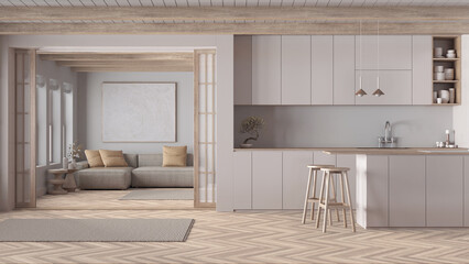 Minimal japandi kitchen and living room in dark wooden and white tones. Fabric sofa and island, paper sliding door and herringbone parquet. Clean interior design © ArchiVIZ
