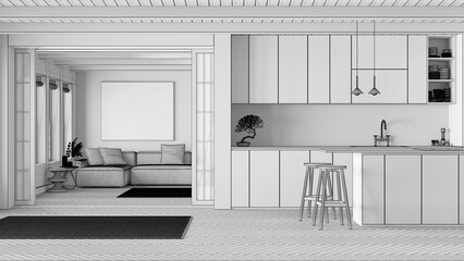 Blueprint unfinished project draft, minimal japandi kitchen and living room. Fabric sofa and island, paper sliding door and herringbone parquet. Clean interior design