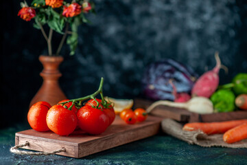 front view fresh red tomatoes with vegetables on dark background health color vegetable food salad meal plant