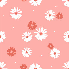 Fototapeta na wymiar Seamless pattern of daisy flower with heart shape pollen and dot on pink background vector illustration. Cute floral print.
