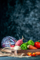 front view fresh vegetables radish tomatoes carrots and cabbage on dark background health color food salad meal plant