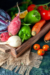 front view fresh vegetables radish tomatoes carrots and cabbage on dark background health color vegetables food salad meal plant