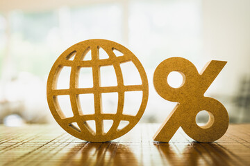 Percentage and Globe model on wood table, concepts for systems of raising or lowering, World...