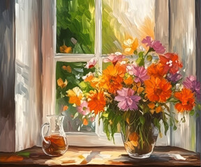 Painting of a glass vase of flowers in front of window.