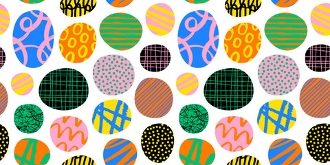 Colorful circle polka dot seamless pattern with collage art texture. Modern contemporary art background, round geometric shape hand drawn print, maximalist graffiti paint wallpaper. - obrazy, fototapety, plakaty