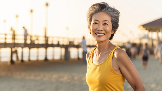 Middle Age Asian Woman Enjoying Beach Time At Sunset. Portrait Of A Female In Her 40s, 50s. Generative AI