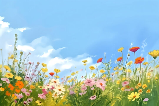 Painted illustration of a field of summer flowers in yellow, pink and red. 