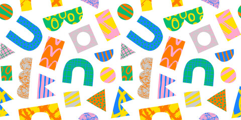 Modern abstract art seamless pattern illustration with colorful hand drawn shapes. Trendy contemporary background , random freehand doodle drawings, basic collage shape children design.