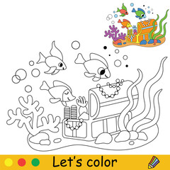 Kids coloring treasure chest and fishes vector illustration