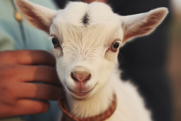 portrait of a baby goat and man petting it generative ai