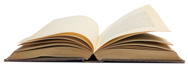 An old vintage open book hard cover from the side view isolated on white background.