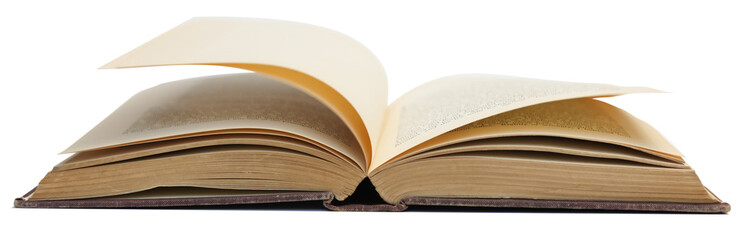 An old vintage open book hard cover from the side view isolated on white background.