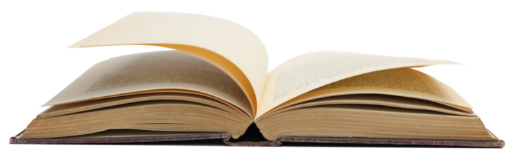 An old vintage open book hard cover from the side view isolated on white background.