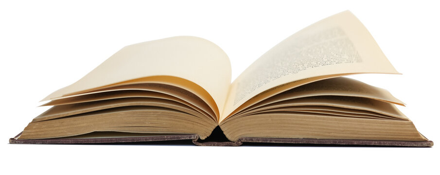 An old vintage open book hard cover from the side view isolated on white background.