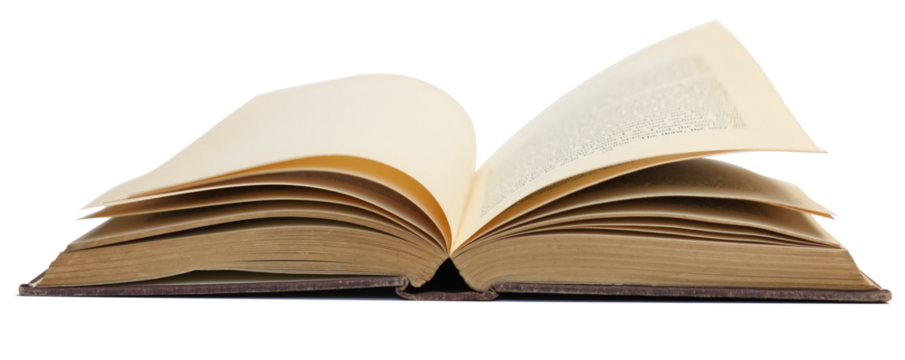 An old vintage open book hard cover from the side view isolated on white background.