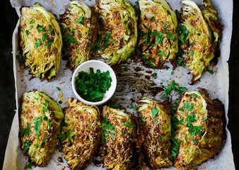 Roasted green cabbage with parmesan.top veiw