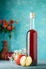 front view red apple vinegar on the blue background food drink fruit alcohol wine sour color juice
