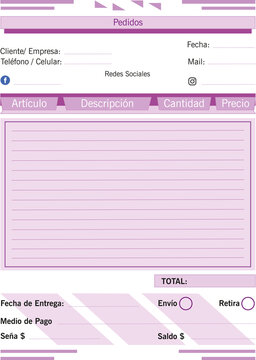 Formulario de pedidos para emprendedores. Nota de ventas 