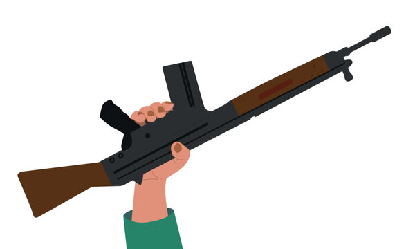 Raised hand holds a rifle. Vector illustration in cartoon style. Symbol of freedom, revolution, protest, independence, victory.