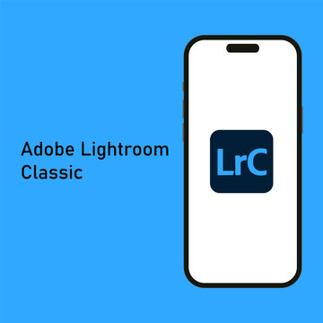 Kyiv, Ukraine - 14 June 2023: Adobe Photoshop Lightroom Classic logo isolated on the smartphone iPhone 14 screen with blue background. Lightroom is software of image organization and image processing.
