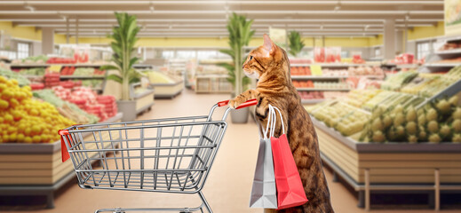 A cat with a shopping cart in a grocery supermarket.